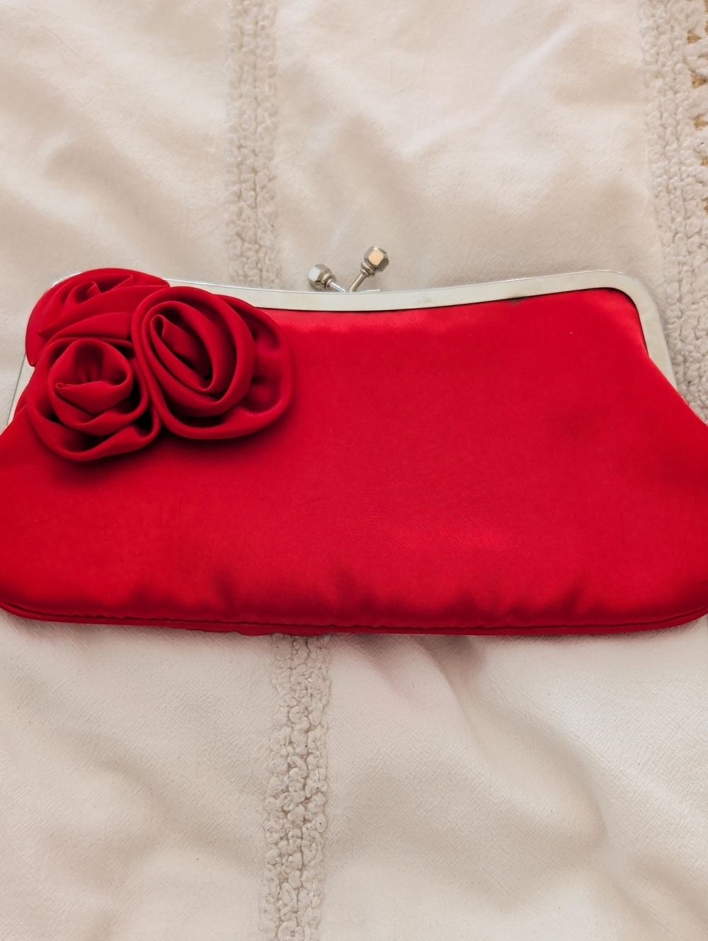 Red Satin Floral Clutch - Elegant Evening Bag